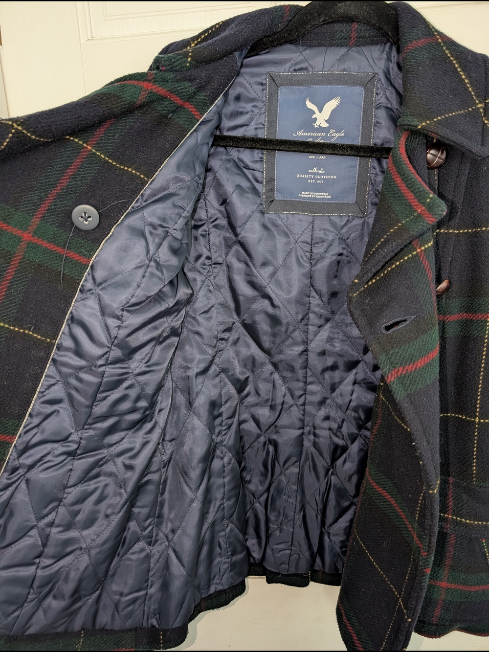 *MOVING SALE* American Eagle Outfitters Wool Blend Navy Plaid Peacoat - Picture 3 of 4